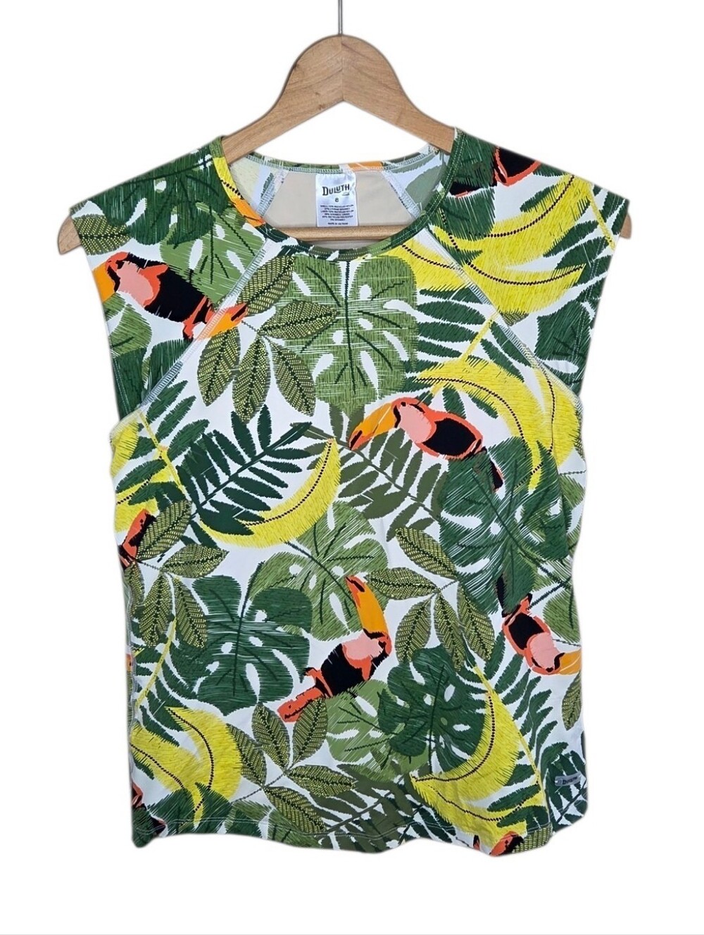 Duluth Trading Co Tropical Toucan Palm Leaf Rash Guard Swim Top Built-In Bra 8